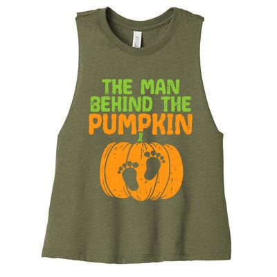 Man Behind The Pumpkin Dad Halloween Pregnancy Announcement Women's Racerback Cropped Tank