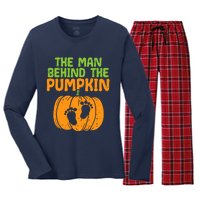 Man Behind The Pumpkin Dad Halloween Pregnancy Announcement Women's Long Sleeve Flannel Pajama Set 