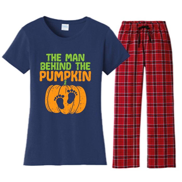 Man Behind The Pumpkin Dad Halloween Pregnancy Announcement Women's Flannel Pajama Set