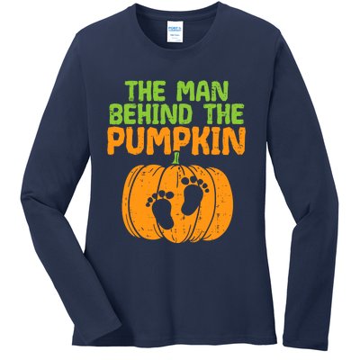 Man Behind The Pumpkin Dad Halloween Pregnancy Announcement Ladies Long Sleeve Shirt