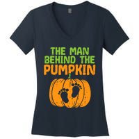 Man Behind The Pumpkin Dad Halloween Pregnancy Announcement Women's V-Neck T-Shirt