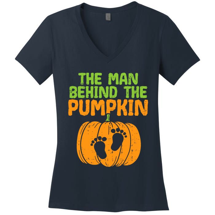 Man Behind The Pumpkin Dad Halloween Pregnancy Announcement Women's V-Neck T-Shirt