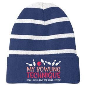 My Bowling Technique Fun Humor Bowler Player Team Striped Beanie with Solid Band