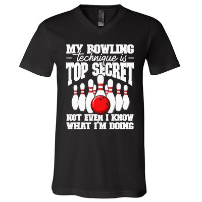 My Bowling Technique Is Top Secret Funny Bowling Bowler V-Neck T-Shirt