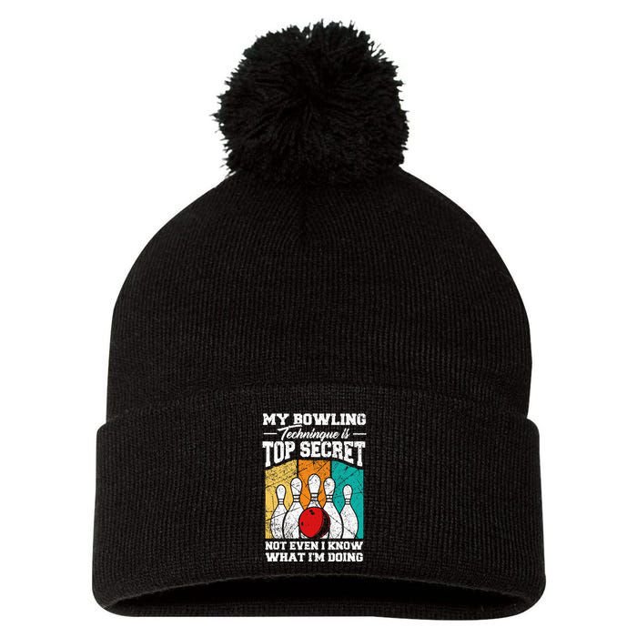 My Bowling Technique Is Top Secret Funny Bowling Bowler Pom Pom 12in Knit Beanie