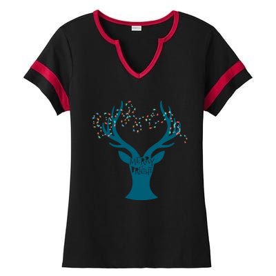 Merry Bright Tangled Lights Deer Antler Christmas Ladies Halftime Notch Neck Tee