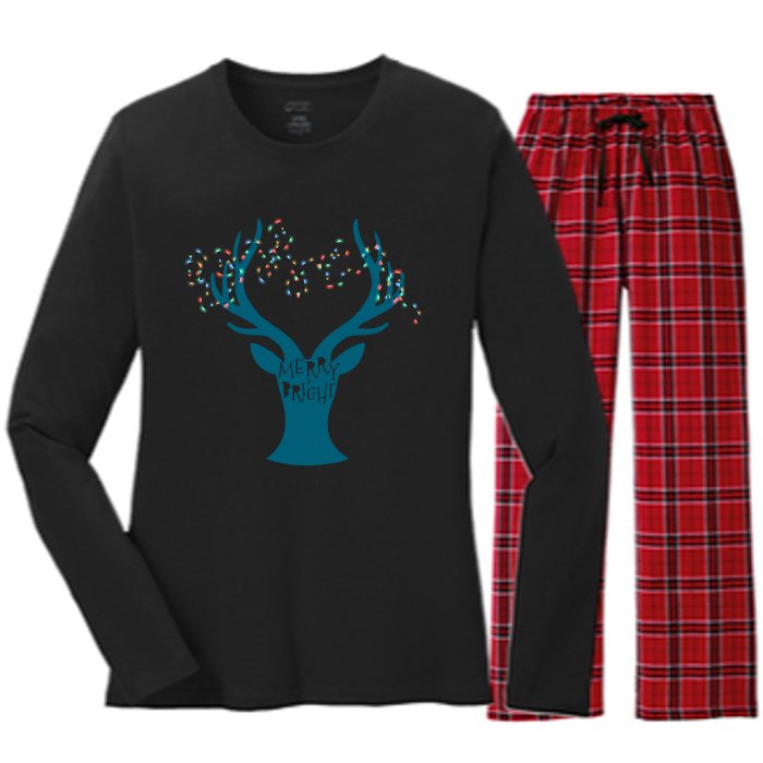 Merry Bright Tangled Lights Deer Antler Christmas Women's Long Sleeve Flannel Pajama Set 