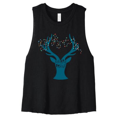 Merry Bright Tangled Lights Deer Antler Christmas Women's Racerback Cropped Tank