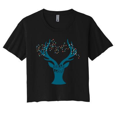 Merry Bright Tangled Lights Deer Antler Christmas Women's Crop Top Tee