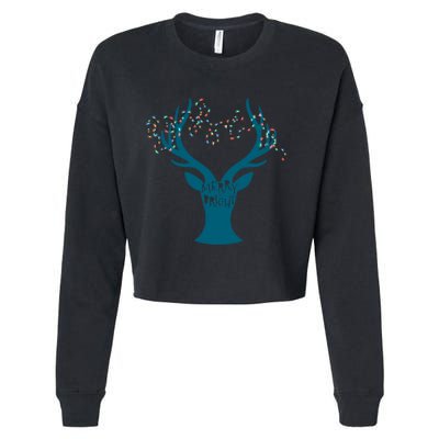 Merry Bright Tangled Lights Deer Antler Christmas Cropped Pullover Crew