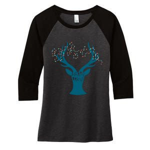 Merry Bright Tangled Lights Deer Antler Christmas Women's Tri-Blend 3/4-Sleeve Raglan Shirt