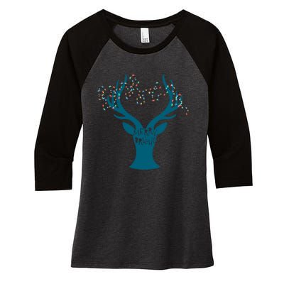 Merry Bright Tangled Lights Deer Antler Christmas Women's Tri-Blend 3/4-Sleeve Raglan Shirt