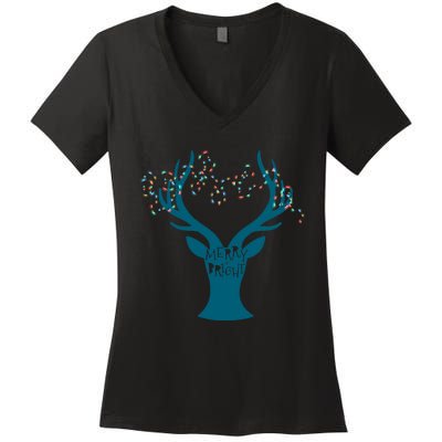 Merry Bright Tangled Lights Deer Antler Christmas Women's V-Neck T-Shirt