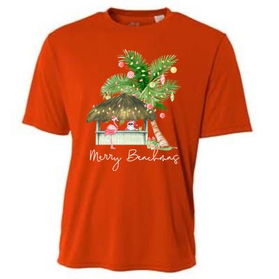 Merry Beachmas Tropical Christmas Santa Flamingo Hawaii Funny Gift Cooling Performance Crew T-Shirt