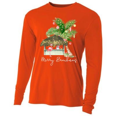 Merry Beachmas Tropical Christmas Santa Flamingo Hawaii Funny Gift Cooling Performance Long Sleeve Crew