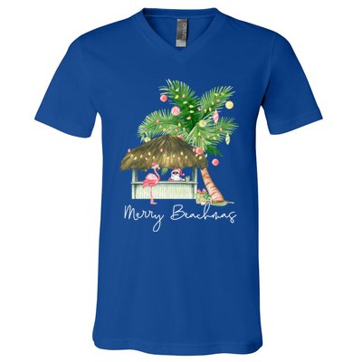 Merry Beachmas Tropical Christmas Santa Flamingo Hawaii Funny Gift V-Neck T-Shirt