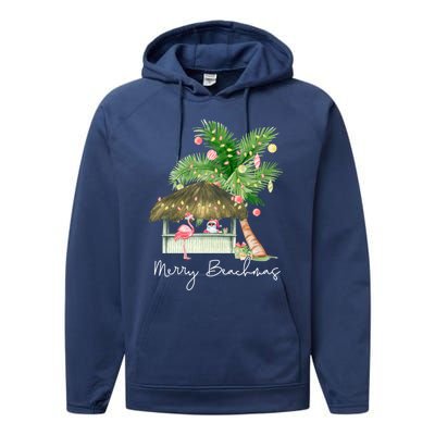 Merry Beachmas Tropical Christmas Santa Flamingo Hawaii Funny Gift Performance Fleece Hoodie