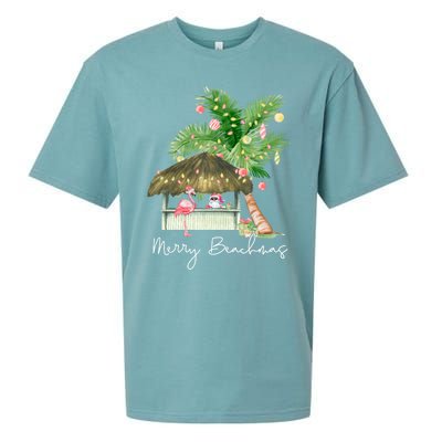 Merry Beachmas Tropical Christmas Santa Flamingo Hawaii Funny Gift Sueded Cloud Jersey T-Shirt