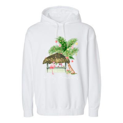 Merry Beachmas Tropical Christmas Santa Flamingo Hawaii Funny Gift Garment-Dyed Fleece Hoodie