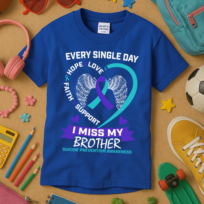 Miss Brother Teal Purple Suicide Awareness Prevention Heart Cool Gift Kids T-Shirt