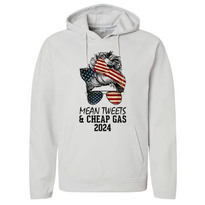 Messy Bun Trumpgirl Mean Tweets And Cheap Gas 2024 Performance Fleece Hoodie