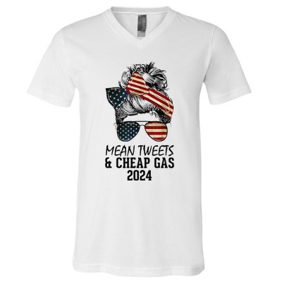 Messy Bun Trumpgirl Mean Tweets And Cheap Gas 2024 V-Neck T-Shirt