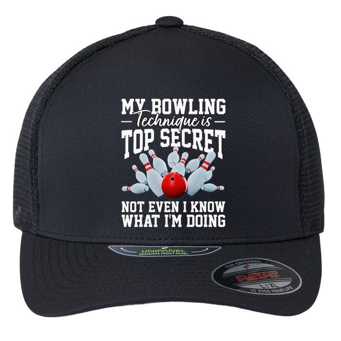 My Bowling Technique Is Top Secrets Funny Bowler Bowling Flexfit Unipanel Trucker Cap