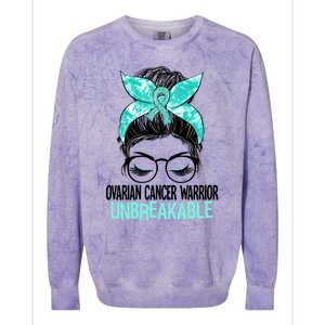 Messy Bun Teal Ribbon Ovarian Cancer Warrior Unbreakable Funny Gift Colorblast Crewneck Sweatshirt