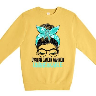 Messy Bun Teal Ribbon Ovarian Cancer Warrior Unbreakable Funny Gift Premium Crewneck Sweatshirt