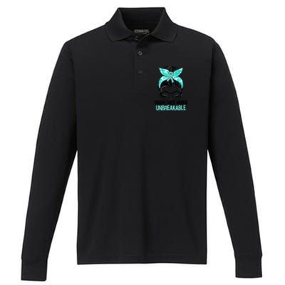 Messy Bun Teal Ribbon Ovarian Cancer Warrior Unbreakable Funny Gift Performance Long Sleeve Polo