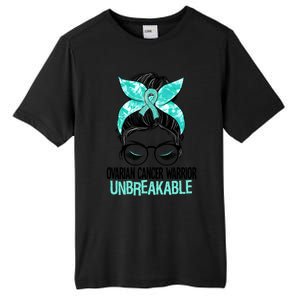 Messy Bun Teal Ribbon Ovarian Cancer Warrior Unbreakable Funny Gift Tall Fusion ChromaSoft Performance T-Shirt