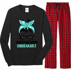 Messy Bun Teal Ribbon Ovarian Cancer Warrior Unbreakable Funny Gift Long Sleeve Pajama Set