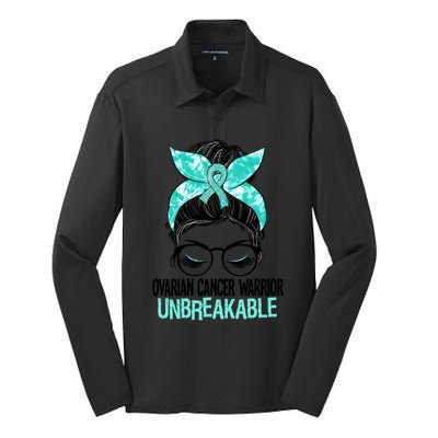 Messy Bun Teal Ribbon Ovarian Cancer Warrior Unbreakable Funny Gift Silk Touch Performance Long Sleeve Polo