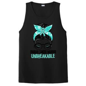 Messy Bun Teal Ribbon Ovarian Cancer Warrior Unbreakable Funny Gift PosiCharge Competitor Tank