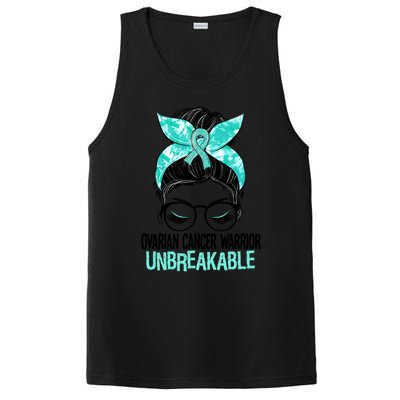 Messy Bun Teal Ribbon Ovarian Cancer Warrior Unbreakable Funny Gift PosiCharge Competitor Tank