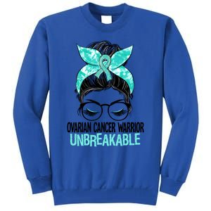 Messy Bun Teal Ribbon Ovarian Cancer Warrior Unbreakable Funny Gift Tall Sweatshirt