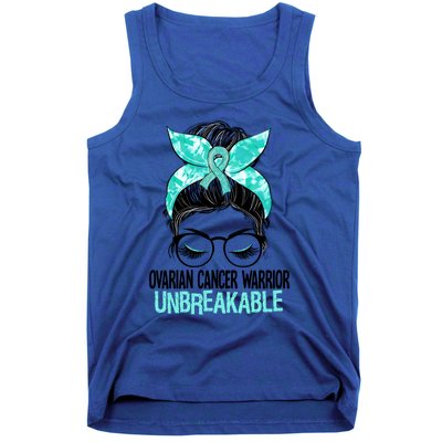 Messy Bun Teal Ribbon Ovarian Cancer Warrior Unbreakable Funny Gift Tank Top