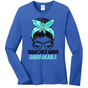 Messy Bun Teal Ribbon Ovarian Cancer Warrior Unbreakable Funny Gift Ladies Long Sleeve Shirt