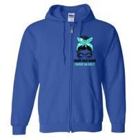 Messy Bun Teal Ribbon Ovarian Cancer Warrior Unbreakable Funny Gift Full Zip Hoodie