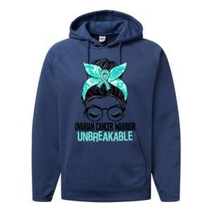 Messy Bun Teal Ribbon Ovarian Cancer Warrior Unbreakable Funny Gift Performance Fleece Hoodie