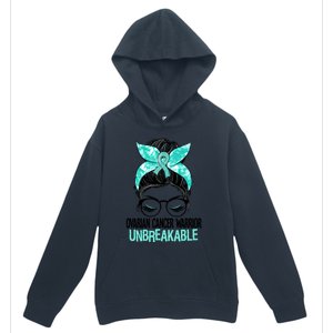 Messy Bun Teal Ribbon Ovarian Cancer Warrior Unbreakable Funny Gift Urban Pullover Hoodie