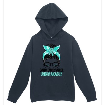 Messy Bun Teal Ribbon Ovarian Cancer Warrior Unbreakable Funny Gift Urban Pullover Hoodie