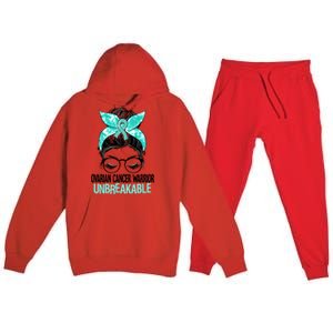 Messy Bun Teal Ribbon Ovarian Cancer Warrior Unbreakable Funny Gift Premium Hooded Sweatsuit Set