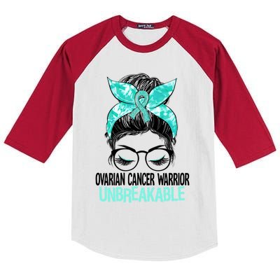 Messy Bun Teal Ribbon Ovarian Cancer Warrior Unbreakable Funny Gift Kids Colorblock Raglan Jersey