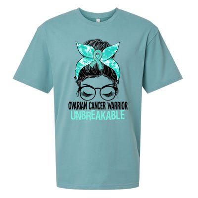 Messy Bun Teal Ribbon Ovarian Cancer Warrior Unbreakable Funny Gift Sueded Cloud Jersey T-Shirt