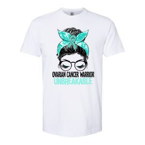 Messy Bun Teal Ribbon Ovarian Cancer Warrior Unbreakable Funny Gift Softstyle CVC T-Shirt