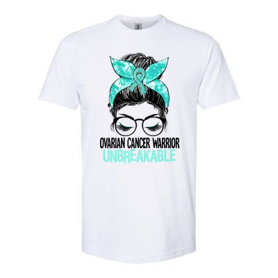 Messy Bun Teal Ribbon Ovarian Cancer Warrior Unbreakable Funny Gift Softstyle CVC T-Shirt