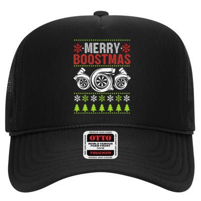 Merry Boostmas Ugly Xmas Funny Turbo Boost Christmas High Crown Mesh Back Trucker Hat