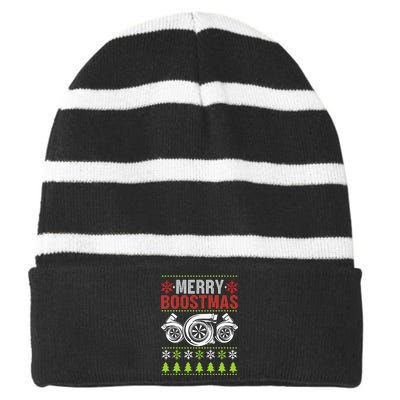 Merry Boostmas Ugly Xmas Funny Turbo Boost Christmas Striped Beanie with Solid Band