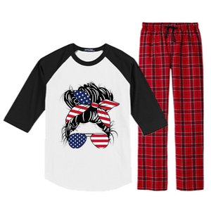 Messy Bun Usa Flag Glasses American Flag American Girl Raglan Sleeve Pajama Set